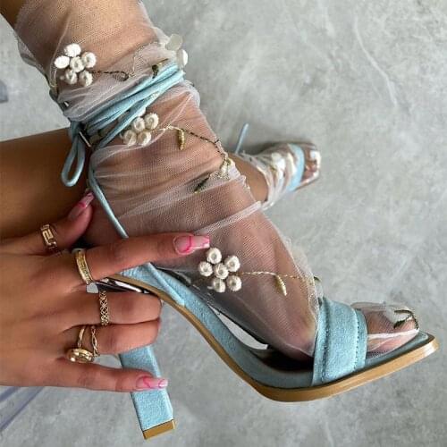 11cm Heeled Blue Heels Sexy Strappy Ankle High Heel Sandals Women 2021 Square Toe Gladiator Sandals Black Shoes Femmes Sandales