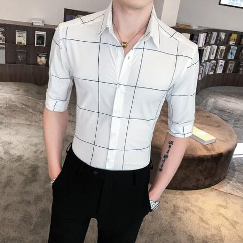 British Style Summer Office Shirts for Men Fashion 2020 Half Sleeve Men Plaid Shirts Slim Fit Business Formal Wear Blouse Men