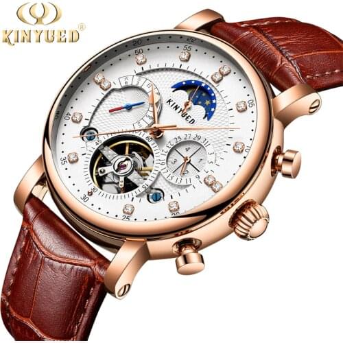 KINYUED Moon Phase Top Brand Mens Mechanical Watches Automatic Tourbillon Skeleton Watch Men Calendar Relogio Masculino dropship
