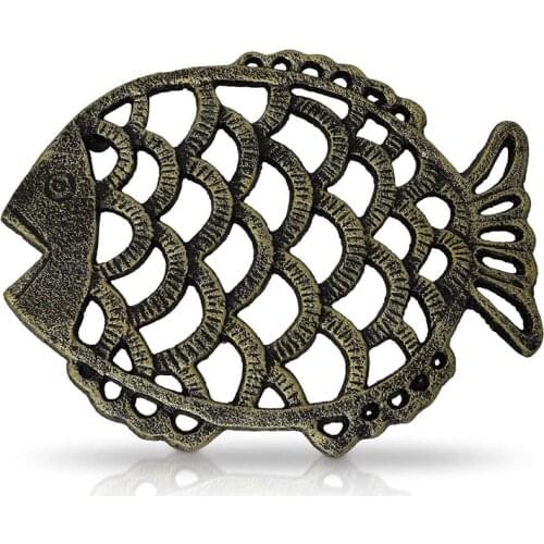 Cast Iron Fish Trivet, 7.5X6Inch Decorative Vintage Pattern for Cookware and Hot Dishes with Rubber Feet