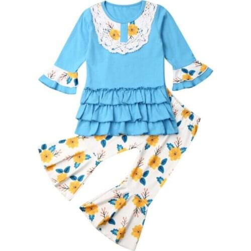 Toddler Kids Baby Girl Autumn Clothes Lace Flared Long Sleeve Ruffle Tops Floral Pants Outfit 2pcs Set