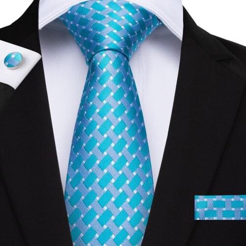 DiBanGu 2019 Classic Sky Blue Ties 100% Silk Plaid Tie for Men 150cm Long Necktie Business Party Wedding Tie Set SJT-7164
