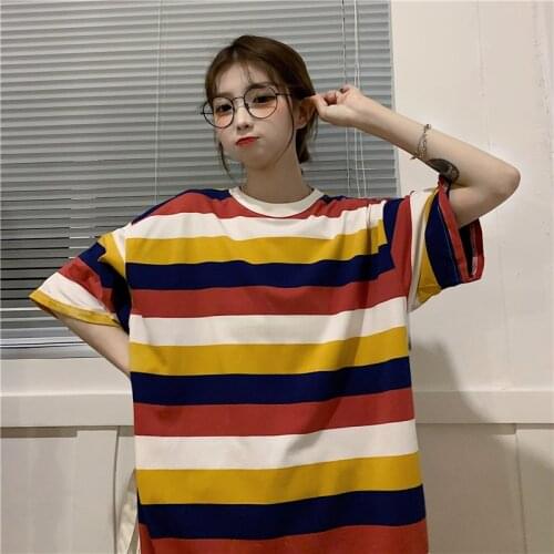 Harajuku Kawaii Rainbow Striped T-Shirt Female All-Match Cute Sweet Aesthetic Stitching Friends School Clothes y2k Tee Tops2021