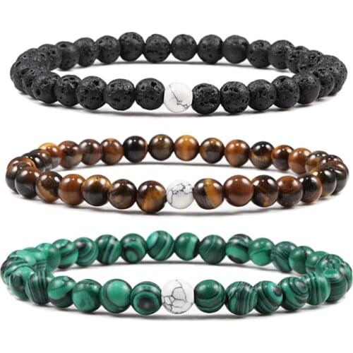 Classic 6mm Handmade Natural Beaded Bracelet Lava Tiger Eye Stone Strand Bracelets Women Men Malachite Elastic Jewelry Bileklik
