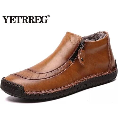 Fashion Men Boots High Quality Split Leather Ankle Snow Boots Warm Fur Mens shoes Plush Winter Autumn Driving Shoes Big size 48