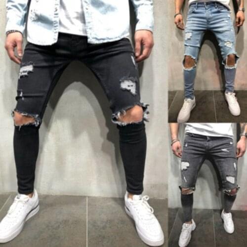 Men Black Jeans Pants Slim Fit Knee Ripped Hole Stretch Distressed Jeans Homme Casual Destroyed Frayed Gray Denim Pencil Pants