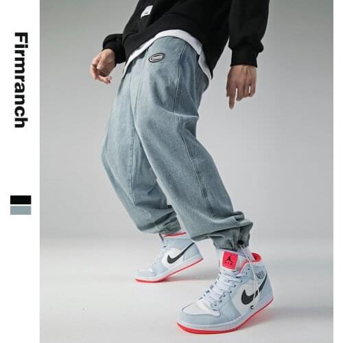 Firmranch Fall Spring Men/Women Washed Whiten Light Blue Jeans Straight Long Denim Pants Loose Black Legging labelling Jean Male