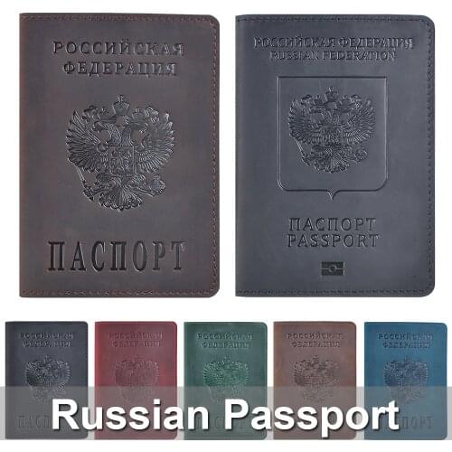 Genuine Leather Passport Cover Designed For Russian Federation Crazy Horse Leather Card Holder Business Bilingual Passport Case