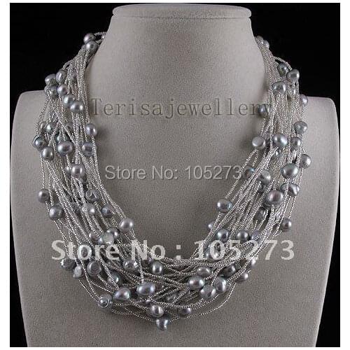 Charming! 24rows pearl necklace AA 7-8MM white silvers gray Genuine freshwater pearl Fashion womans jewelry Free shipping A2550
