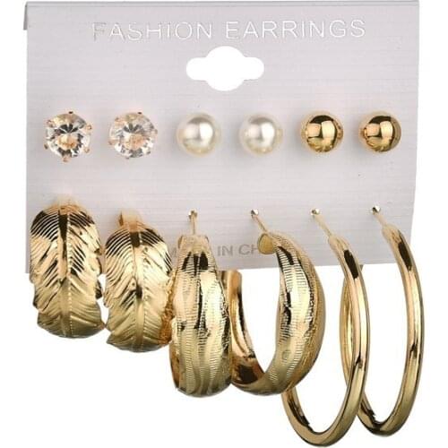 Pearl metal rhinestones 6 pairs of earrings big circle personality net red earrings European and American creative earrings