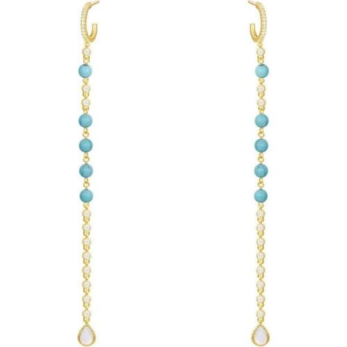 SLJEL Women 925 Sterling Silver Yellow Gold Color Stones Beads Long Leaves Earrings Micro Pave Zirconia Stones Luxury Jewelry