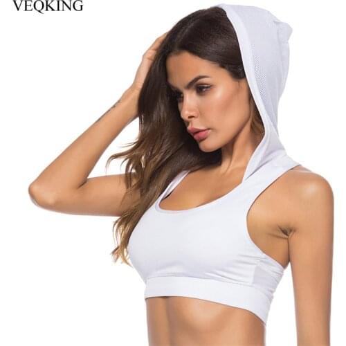 VEQKING Hooded Sports Bras for Women Quick Dry Running Gym Yoga Sports Vest Top Mesh Shockproof Padded Fitness Sports Yoga Bra