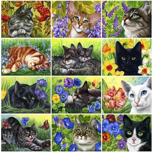 Vintage Cartoon 5D Diy Diamond Painting Cat Flowers Craft Kit Diamond Embroidery Animals Diamond Mosaic Art Home Decor Gift