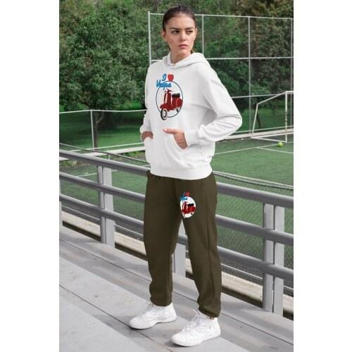 Angemiel Wear I Love Vespa Womens Sweat Suits White Hooded Sweatshirt Green Sweatpants