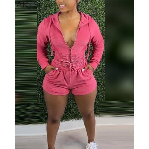 Women Zip Up Hoodie Sweatshirt And Pocket Detail Drawstring Shorts 2 Piece Set