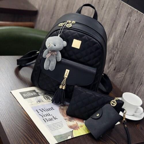 Women Composite Bag High Quality Pu Leather Backpack School Bags Black Backpackt Mini Purse Phone Bag Three-piece set