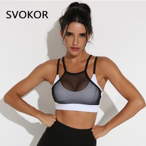 SVOKOR Spliced Mesh Sports Bra Women Casual Fitness Gym Tank Top Female Clothing Fitness Bras Breathable High Elastic Crop Black
