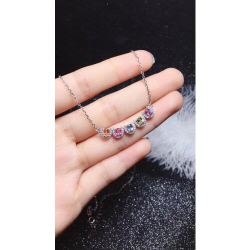 Elegant smile row natural Multicolor sapphire necklace natural gemstone pendant necklace S925 silver girl party gift jewelery