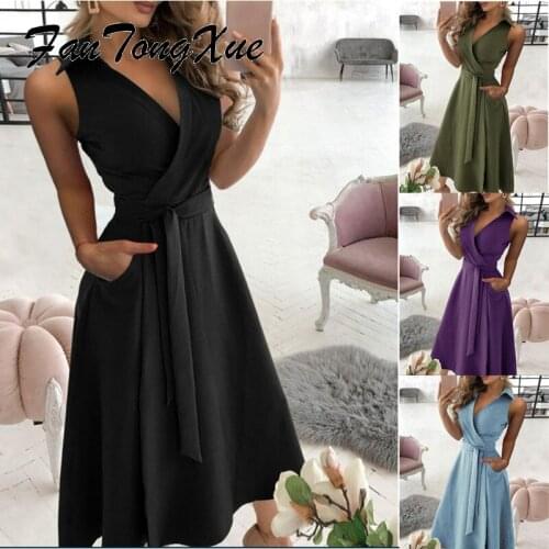 Summer Party Dress for Women 2021 Solid Lace Up Office Lady Dress for Women Fit Flare Sleeveless Deep V Neck Sexy Lady Dresses