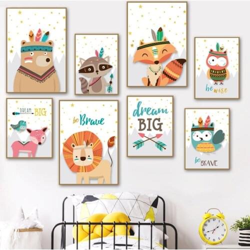 Feather Bird Bear Fox Lion Owl Raccoon Deer Dream Art Canvas Painting Nordic Posters And Prints Wall Pictures Kids Room Decor