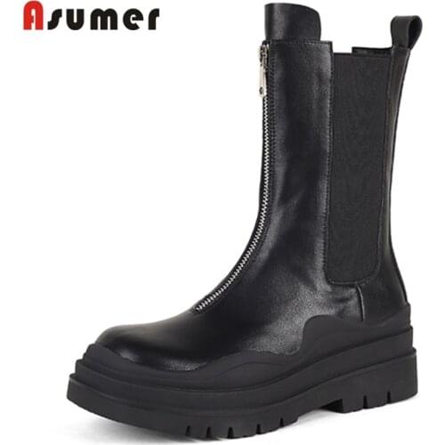 ASUMER 2022 Cow Leather Boots Zipper Elastic Band Fashion Boots Winter Platform Ankle Boots Hand Made Chelsea Boots Ladies Boots