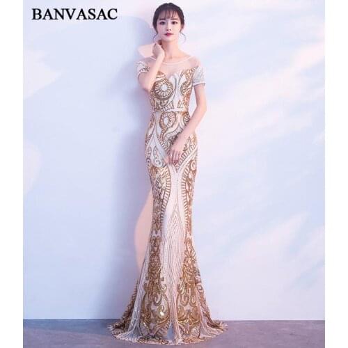 BANVASAC Illusion O Neck Mermaid Sequined Long Evening Dresses Party Short Sleeve Zipper Backless Prom Gowns