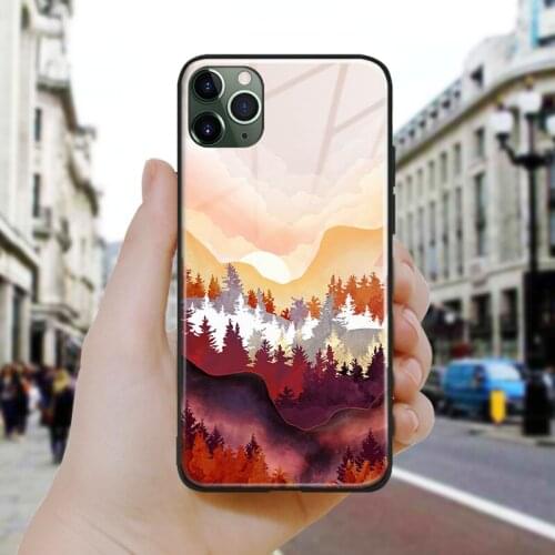 Nordic Abstract Forest Autumn Sunset Silicone Glass Phone Case Cover For iPhone SE 6 6s 7 8 Plus X XR XS 11 12 Mini Pro Max