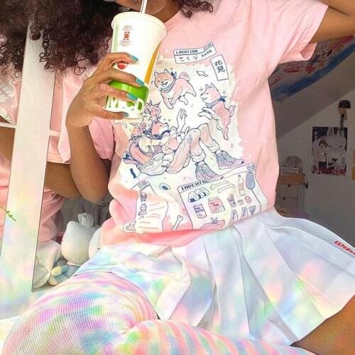 Harajuku T-Shirt Kawaii Cute Shiba Inu Doge Summer Japanese Fun Pink Sweet Girl Cartoons Streetwear Loose Women Chic Casual Tops