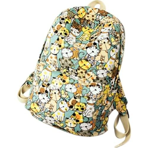 Canvas Fabric Ladies Backpack Cute Cat Animal Print Girl College Daily Laptop School Bag Travel Bag