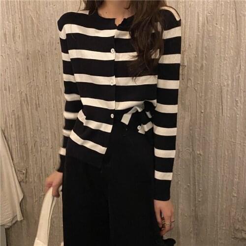 Contrasting Color Striped Round Neck Cardigan Long-sleeved Sweater Womens Autumn 2021 New Style Korean Loose and Thin Top