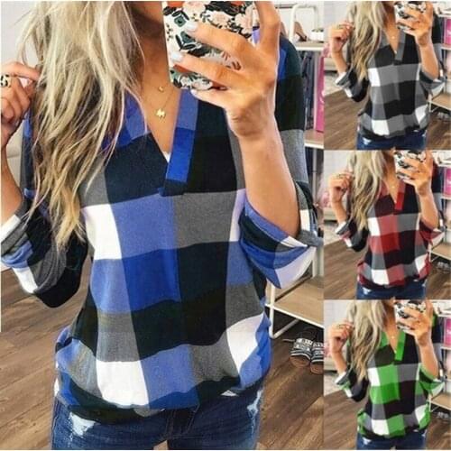 Plaid Printed V-Neck Long Sleeve Shirt Fashion 2020 Autumn Top Loose Casual Street Design Feeling Retro Pullover Cool Plus Size