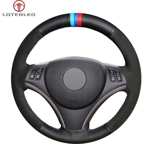 LQTENLEO Car Steering Wheel Cover Black Genuine Leather Suede For BMW M Sport 3 Series E91 320i 325i 330i 335i M3 E90 E92 E93