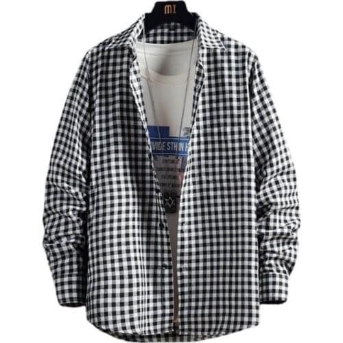 Fashion Korean Mens Black White Plaid Shirt 2021 Autumn Harajuku Long Sleeve Button Up Tops Casual Shirt camisas de hombre