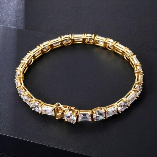 Hip Hop Fashion Charm 7MM Gold Plated Iced Out Tennis Chain Bangle Bracelet Copper CZ Cubic Zirconia Jewelry Gifts for Women Men