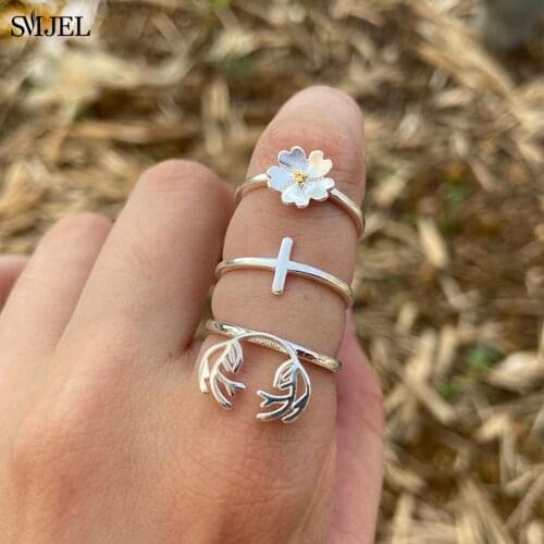 Personalize Silver Color Daisy Flower Rings For Women Wedding Jewelry Adjustable Antique Fashion Cross Plant Horn Ring Anillos