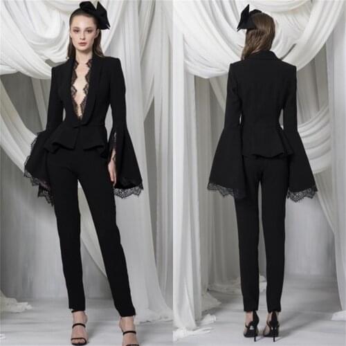 Sexy Black Pant Suit for Women Deep V Neck Prom Dresses Long Sleeves Slim Fit Customise Special Occasion Dress