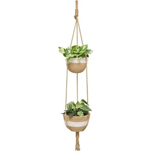 New 2 Tier Hanging Planter Basket,Boho Woven Plant Hanger Double Macrame Flower Pot ,Rattan Storage Organizer Home Decor