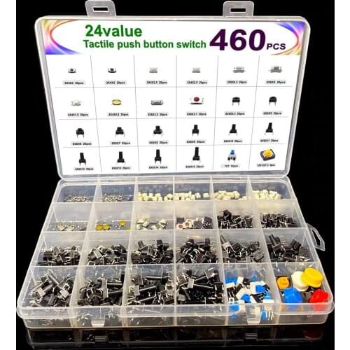 460PCS 6X6X5/4.3/5.5/6/7/8/9/10/13MM Tact Switch Push Button Switch Micro Switch For Car Remot/TV/Toys/Home Use Button Caps Kit
