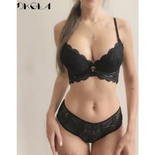 Top Black Fashion Thick Cup Brassiere Embroidery Push Up Bra Set Sexy Lingerie Women Brand Lace Underwear Set Deep V Temptation