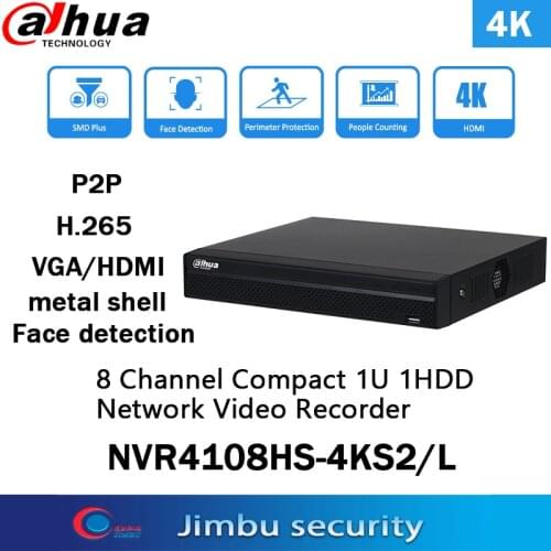 Dahua NVR 4K Video recorder 8ch p2p NVR4108HS-4KS2 H.265 up to 8MP Resolution HDMI-compatible/VGA simultaneous video output