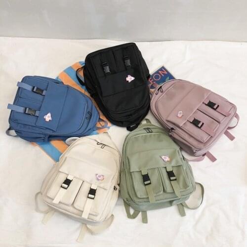 Waterproof Nylon Women Backpack Multi Pocket Large Capacity High Schoolbag Double Front Pocket Buckle Backpack Travel Bag