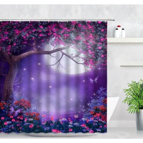 Fantasy Garden Night View Bathroom Shower Curtains Moon Flowers Tree Butterfly Fairy Tale Scenery Backdrop Decor Cloth Curtain