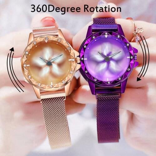 2020 Relogio Feminino Creative Rotating Flower Womens Watches Luxury Rose Gold Stainless Steel Quartz Watches Female Wristwatch