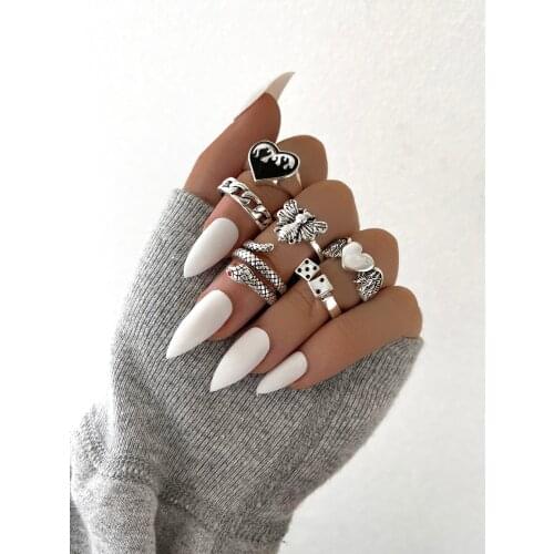 Stillgirl 6Pcs Punk Silver Color Flame Heart Rings for Women Goth Kpop Snake Bee Dice Animal Unisex Couple Fashion Jewelry Gift
