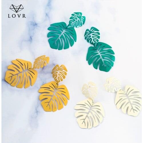 LOVR 2019 Statement Big Leaf Drop Earrings for Women Fashion Vintage Geometric Yellow Green Long Hollow Metal Earring Jewelry