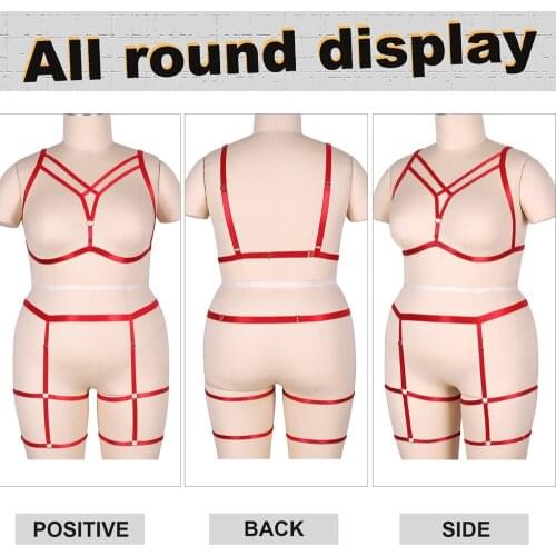 Harajuku 2pc Tops Busty Women Full Body Bondage Harness Plus Size Sexy Lingerie Set Hollow Cage Bra Goth Suspenders Belt Garters