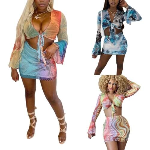 Y2K Womens Dress sets Long Sleeve Short Skirt Suit Fashion Printing Bandage Cropped Tops and High Waist Tight Skirt