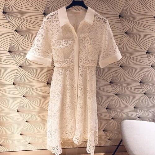 Patads French fashion slim fit short sleeve hollow out lace dress spring and summer lace up shirt skirt female e19ralfa