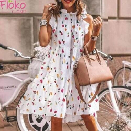 Flokocloset Summer Print O-Neck Sleeveless Mini Dress Women Casual Holiday Beach Style A-Line Party Sundress