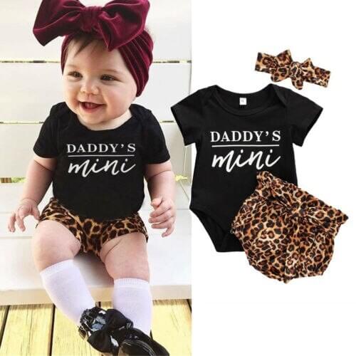 2020 Baby Summer Clothing Infant Kids Baby Girl Romper Top Ruffled Shorts Headband Sunsuit Newborn Leopard 3PCS Set